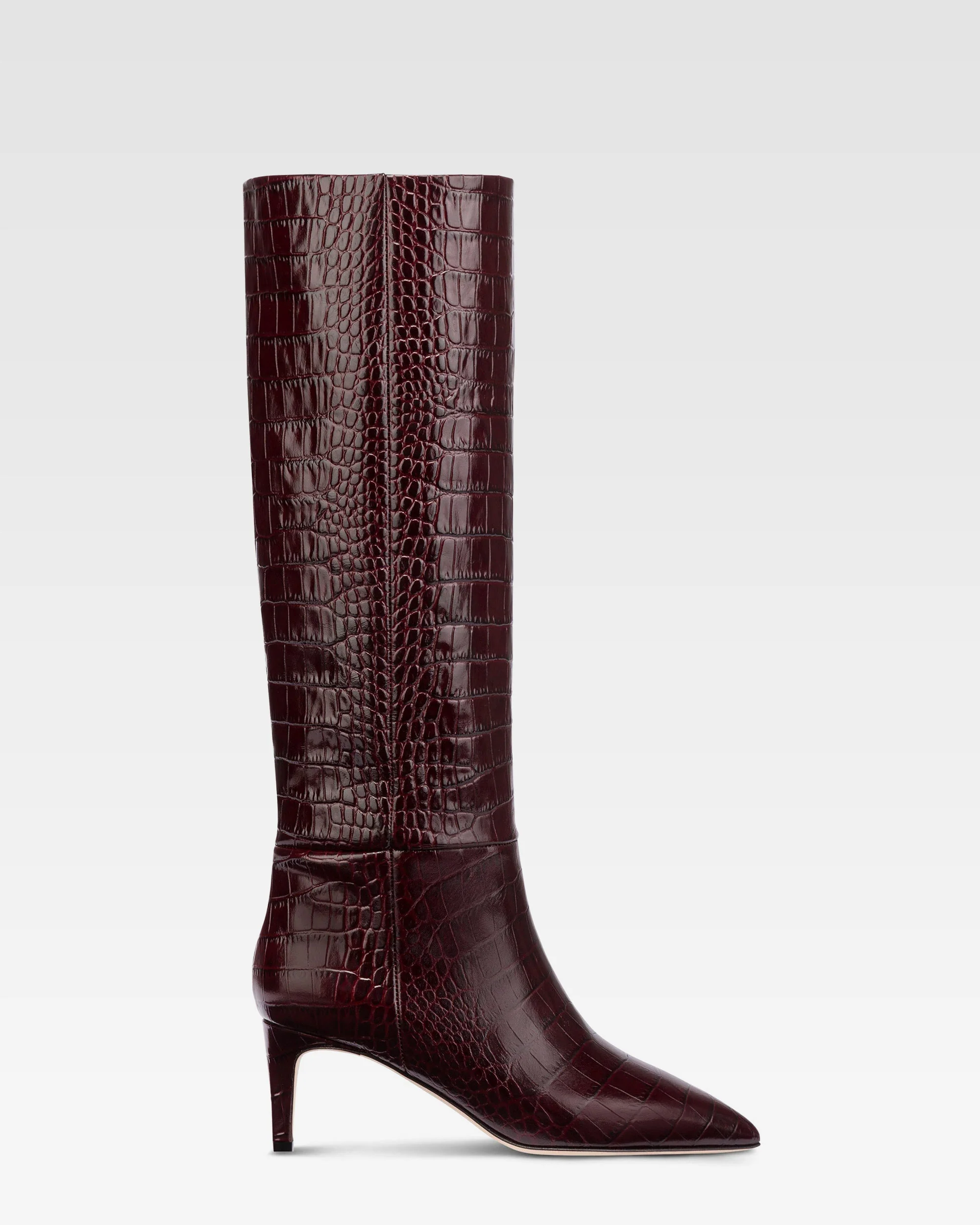 Pointed knee-high boots in rouge noir soft croco-embossed leather