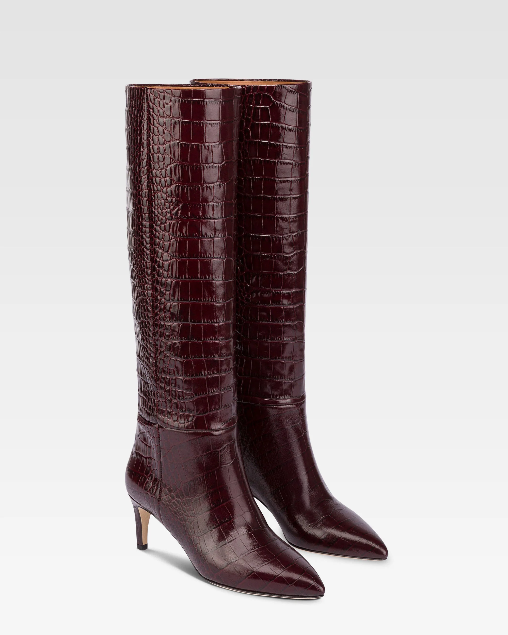 Pointed knee-high boots in rouge noir soft croco-embossed leather - Image 2