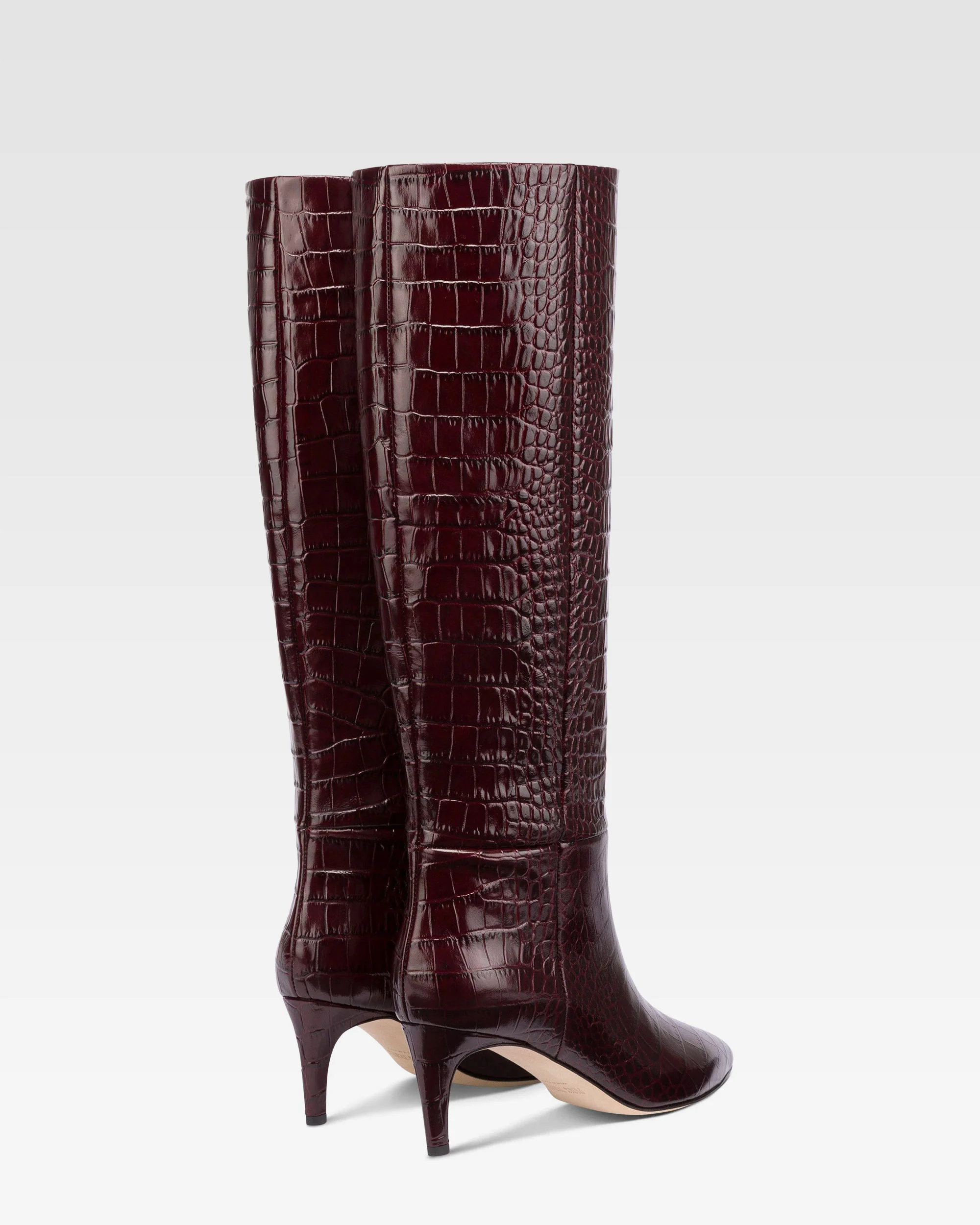 Pointed knee-high boots in rouge noir soft croco-embossed leather - Image 3