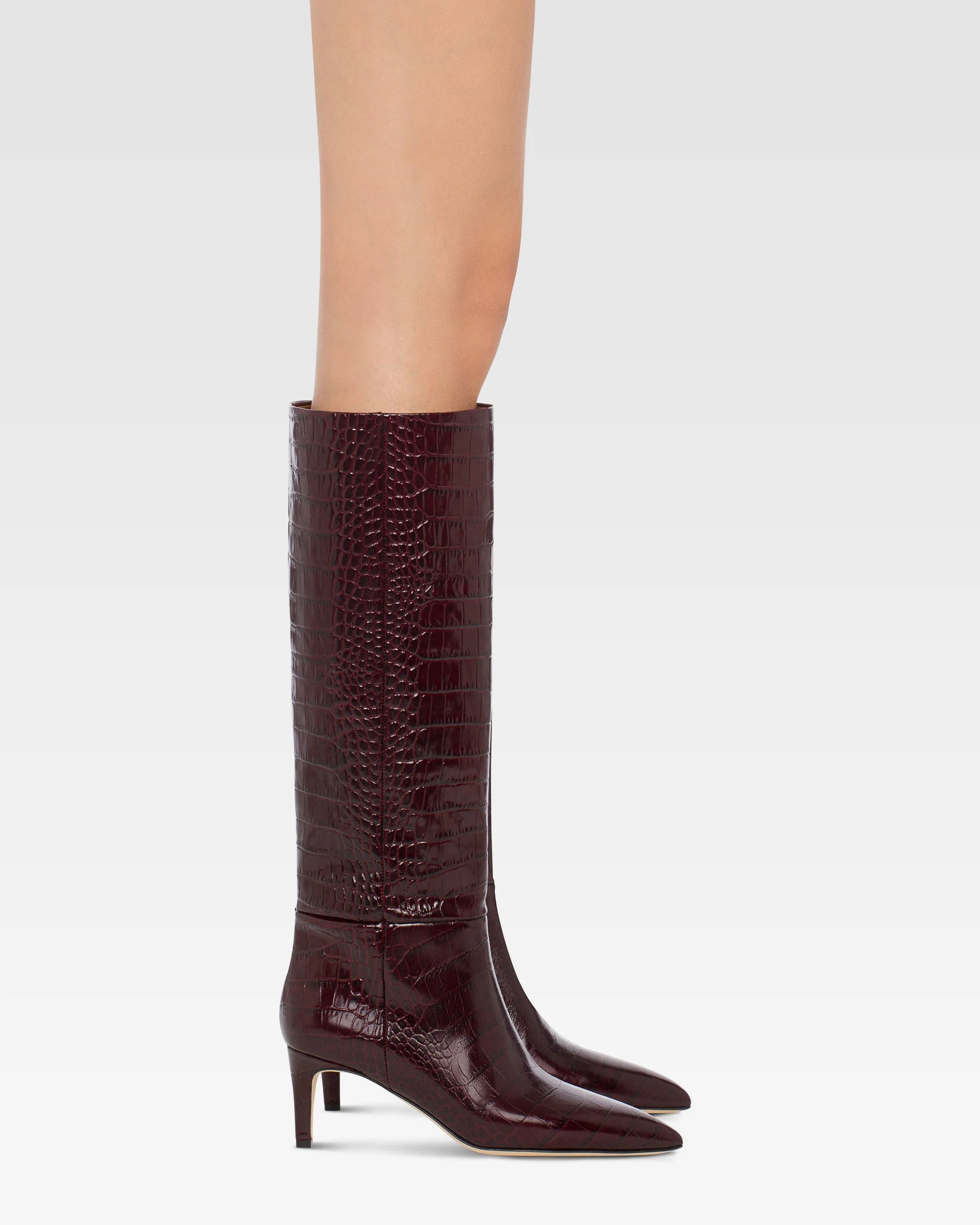 Pointed knee-high boots in rouge noir soft croco-embossed leather - Image 6