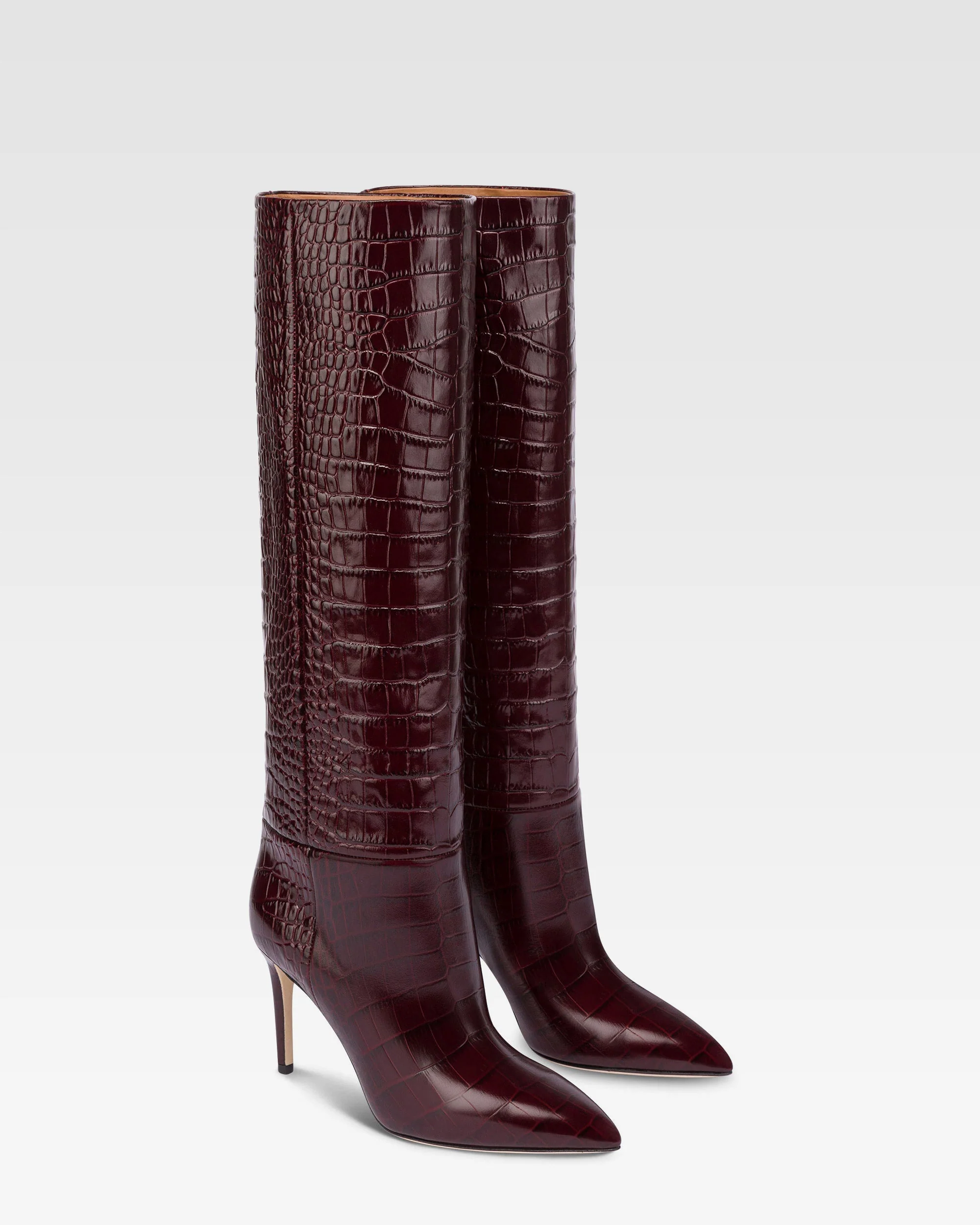 Pointed knee-high boots in rouge noir soft croco-embossed leather - Image 2