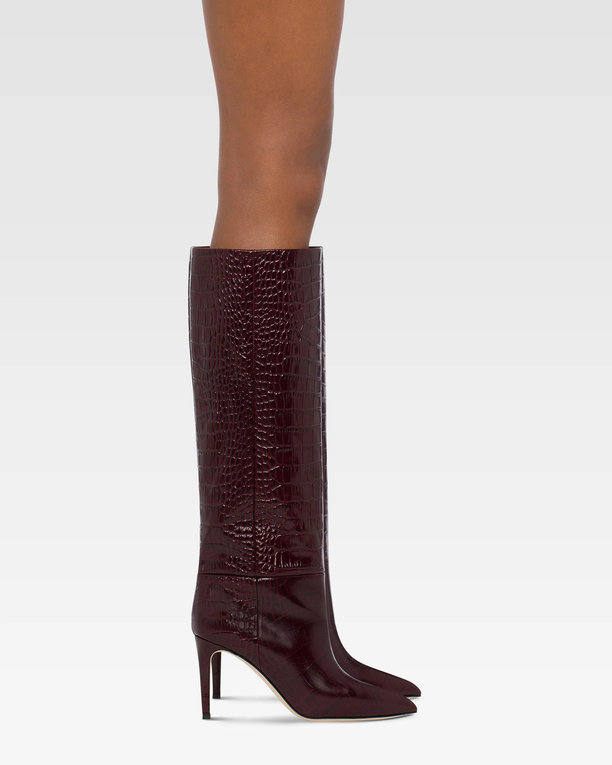 Pointed knee-high boots in rouge noir soft croco-embossed leather - Image 6