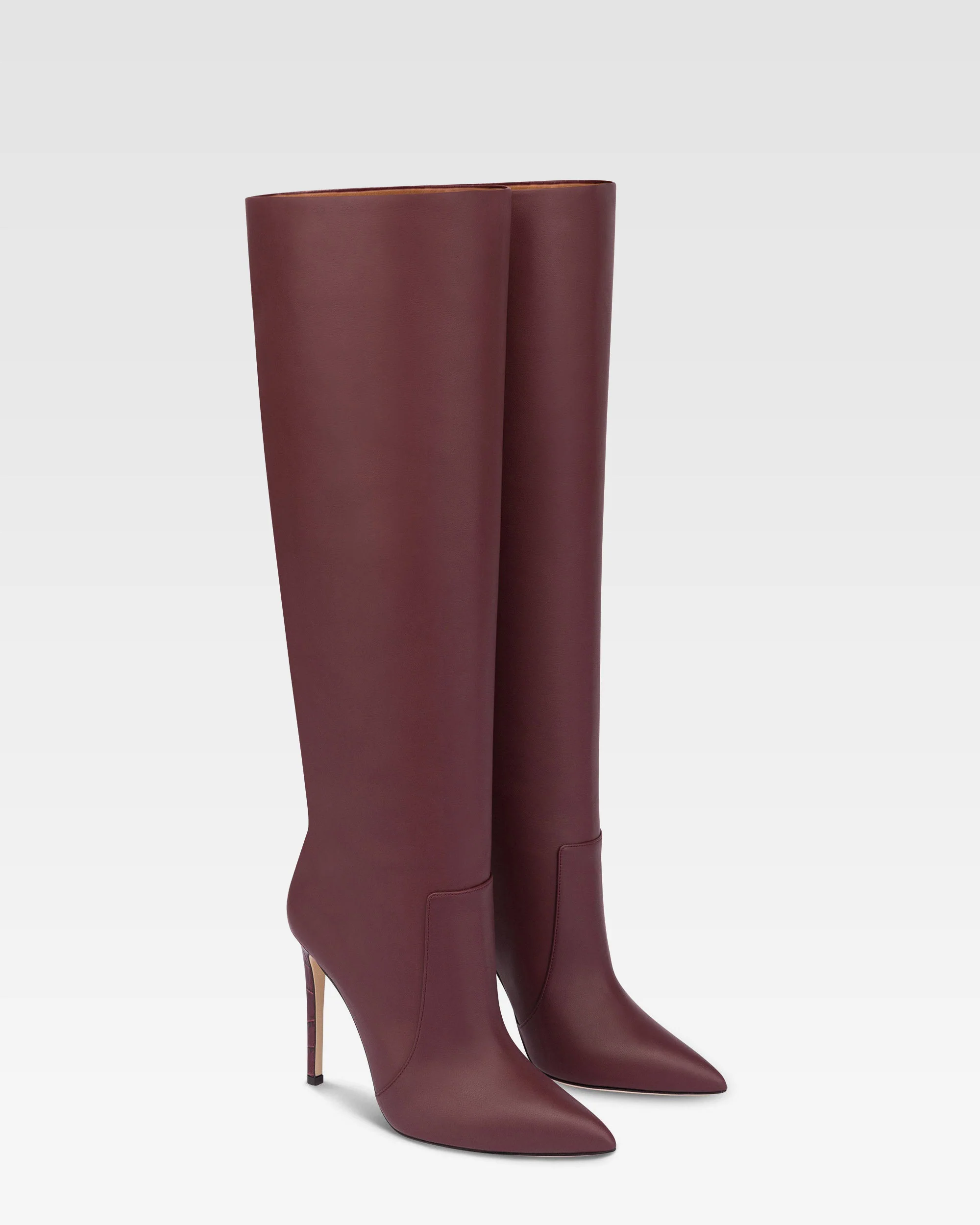 Pointed knee-high boots in smooth burgundy leather - Image 2