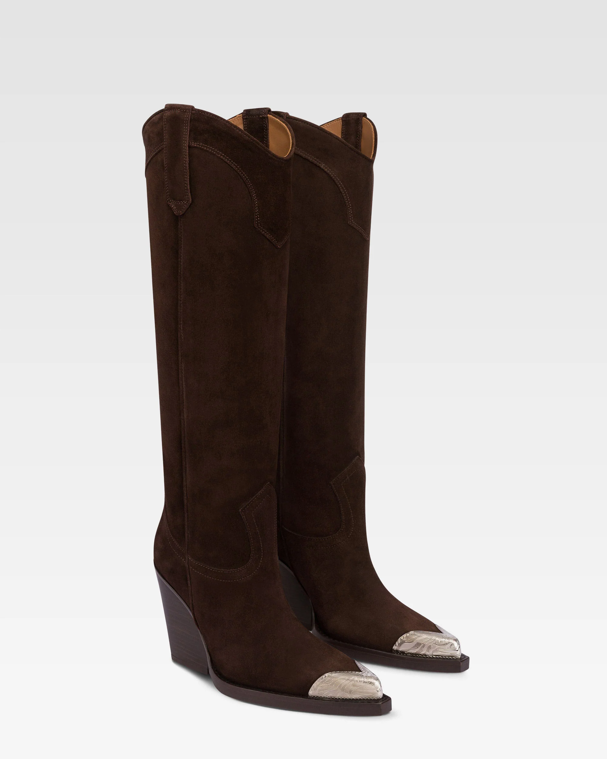 Pointed knee-high boots in smooth pepper suede leather - Image 2