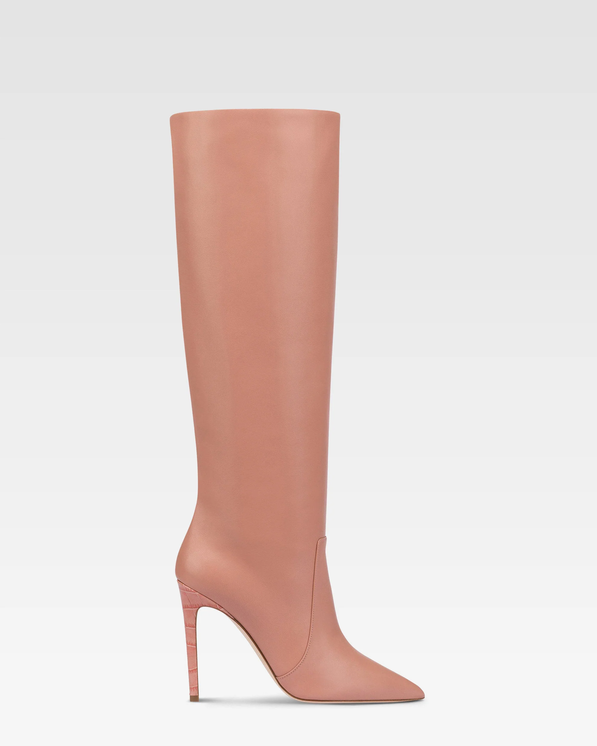 Pointed knee-high boots in smooth Texas pink leather