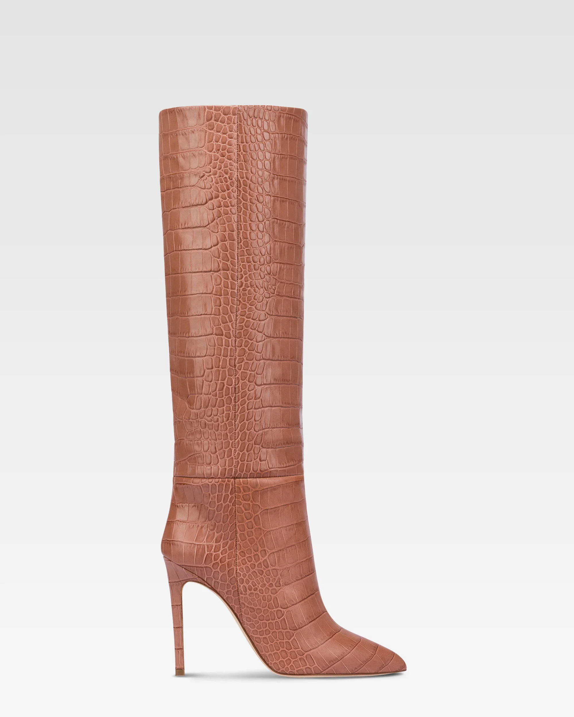 Pointed knee-high boots in Texas pink soft croco-embossed leather