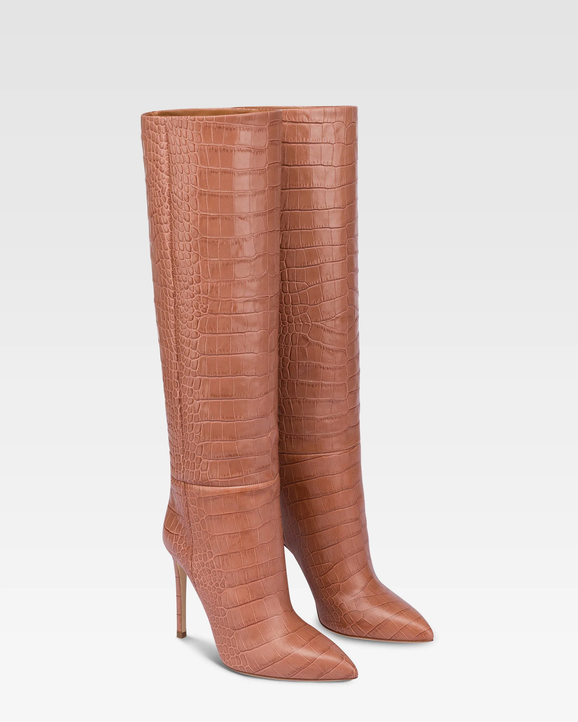 Pointed knee-high boots in Texas pink soft croco-embossed leather - Image 2