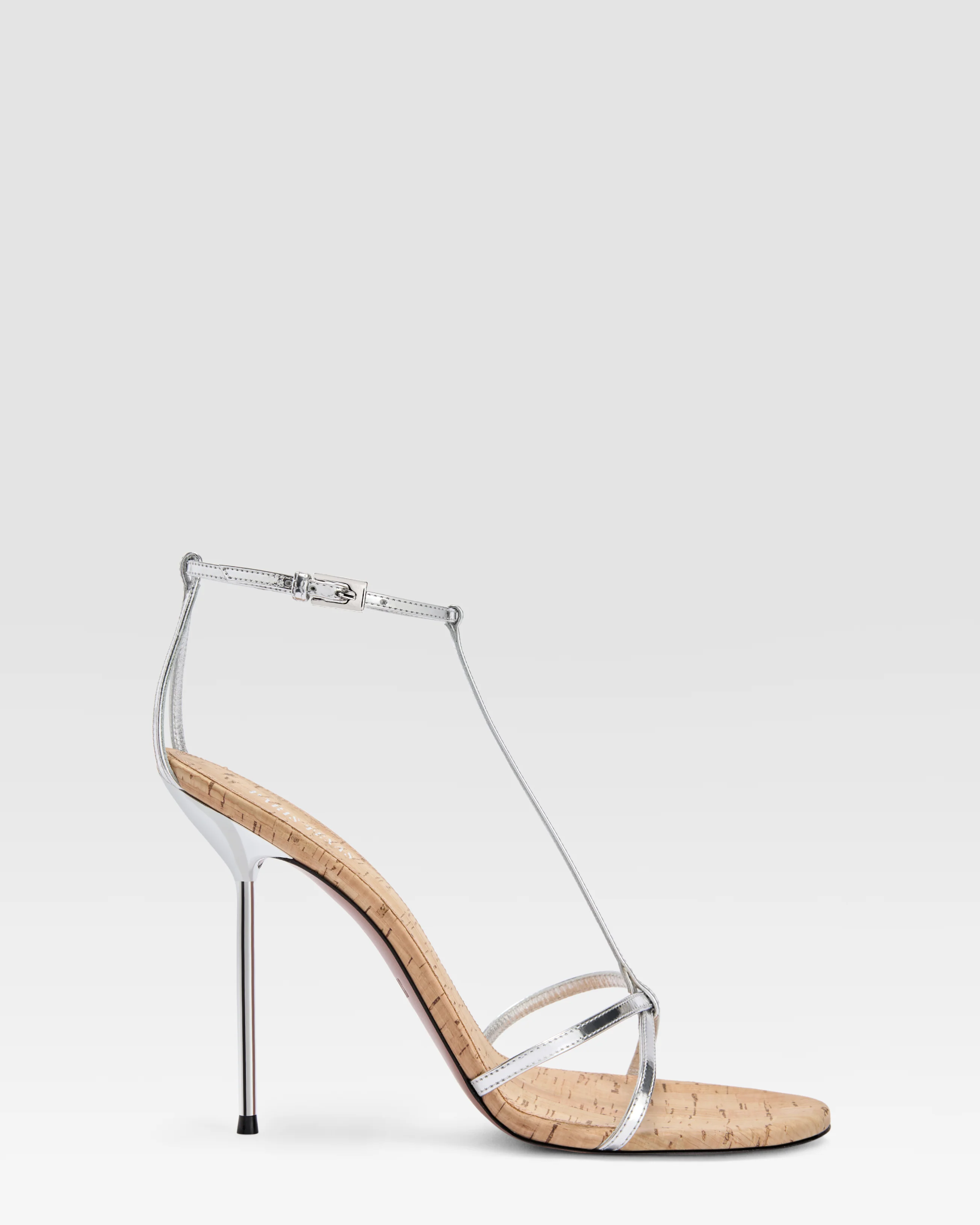 T-STRAP SANDAL IN METALLIC MIRROR-EFFECT LEATHER AND CORK