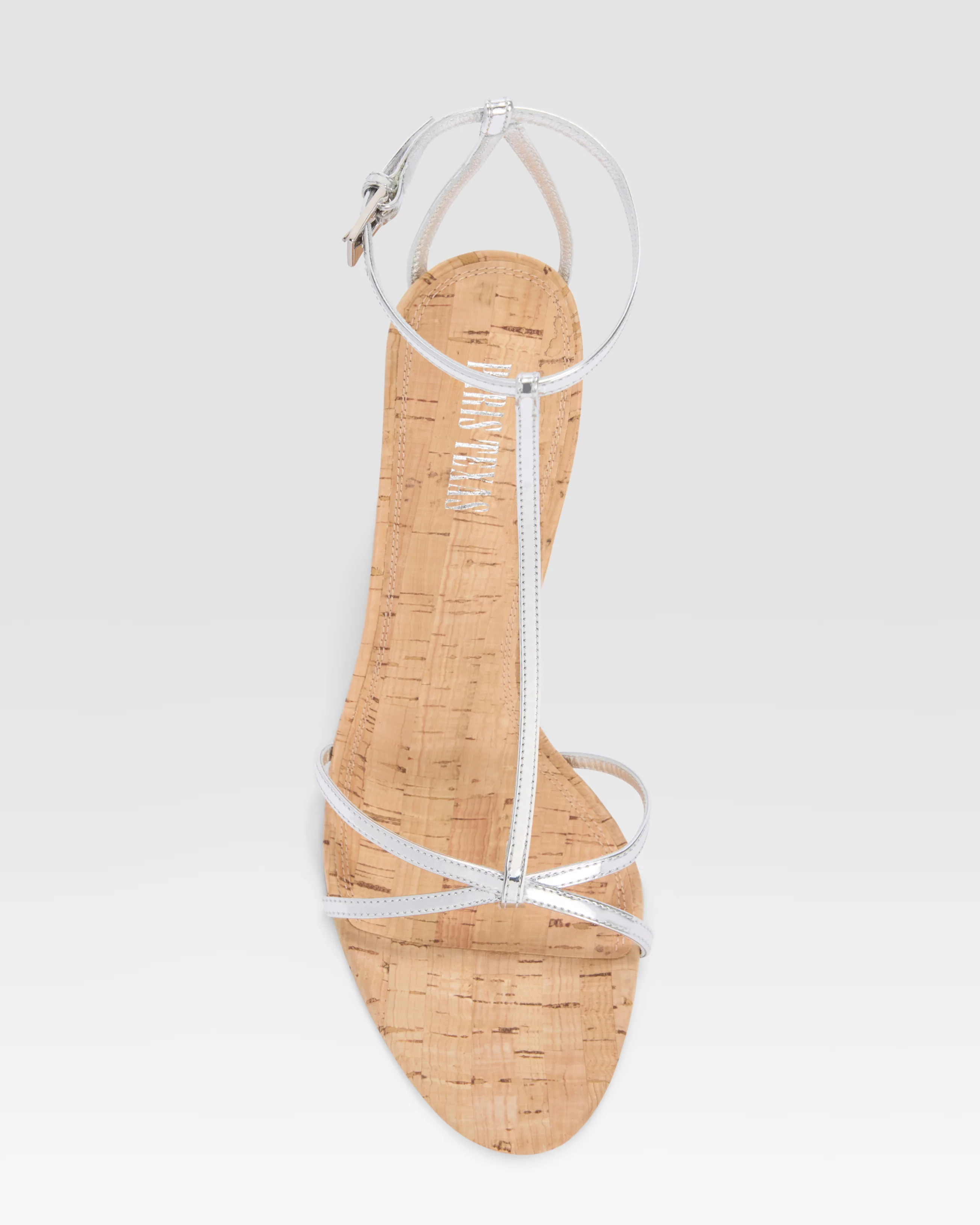 T-STRAP SANDAL IN METALLIC MIRROR-EFFECT LEATHER AND CORK - Image 5