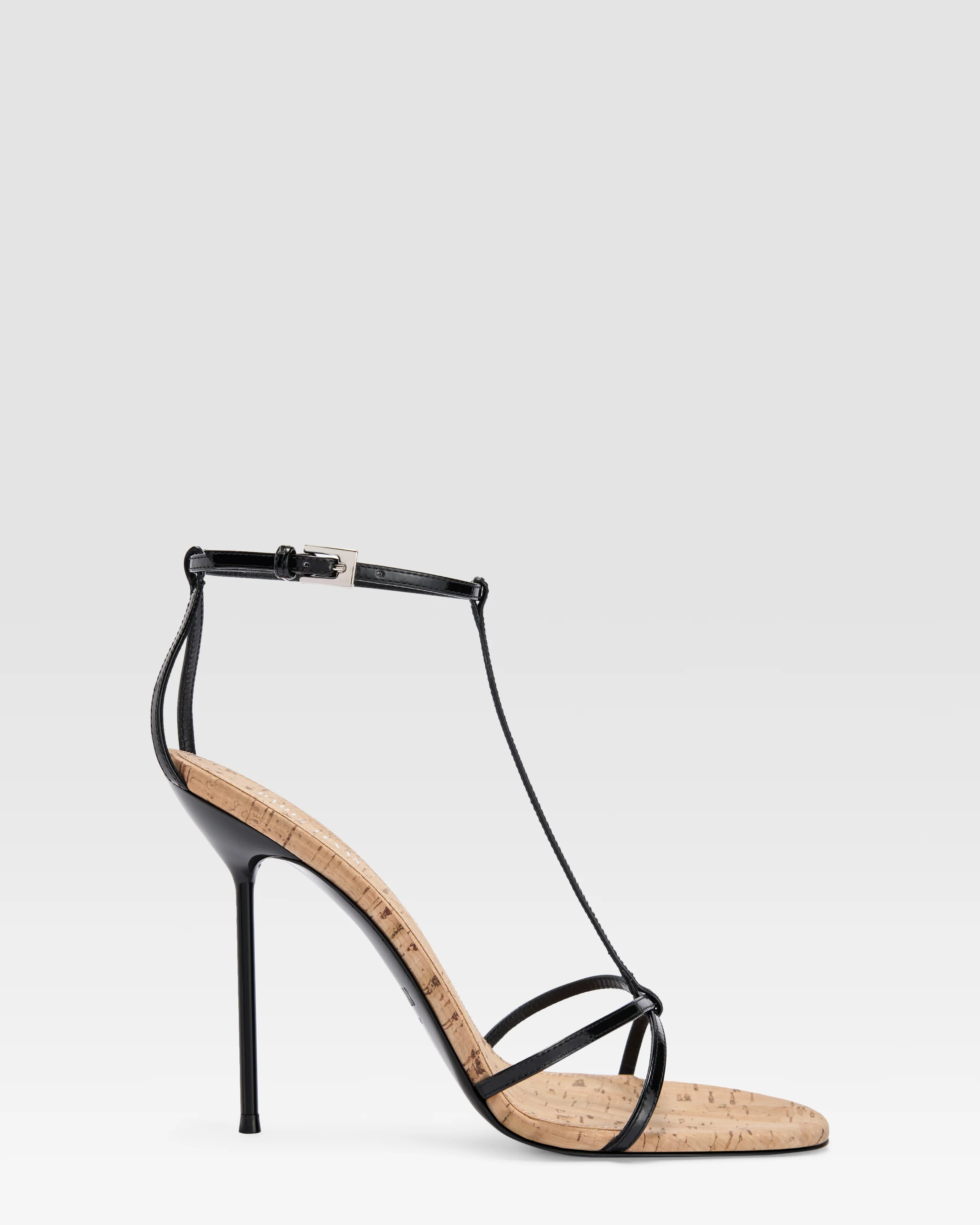 T-STRAP SANDAL IN PATENT LEATHER AND CORK