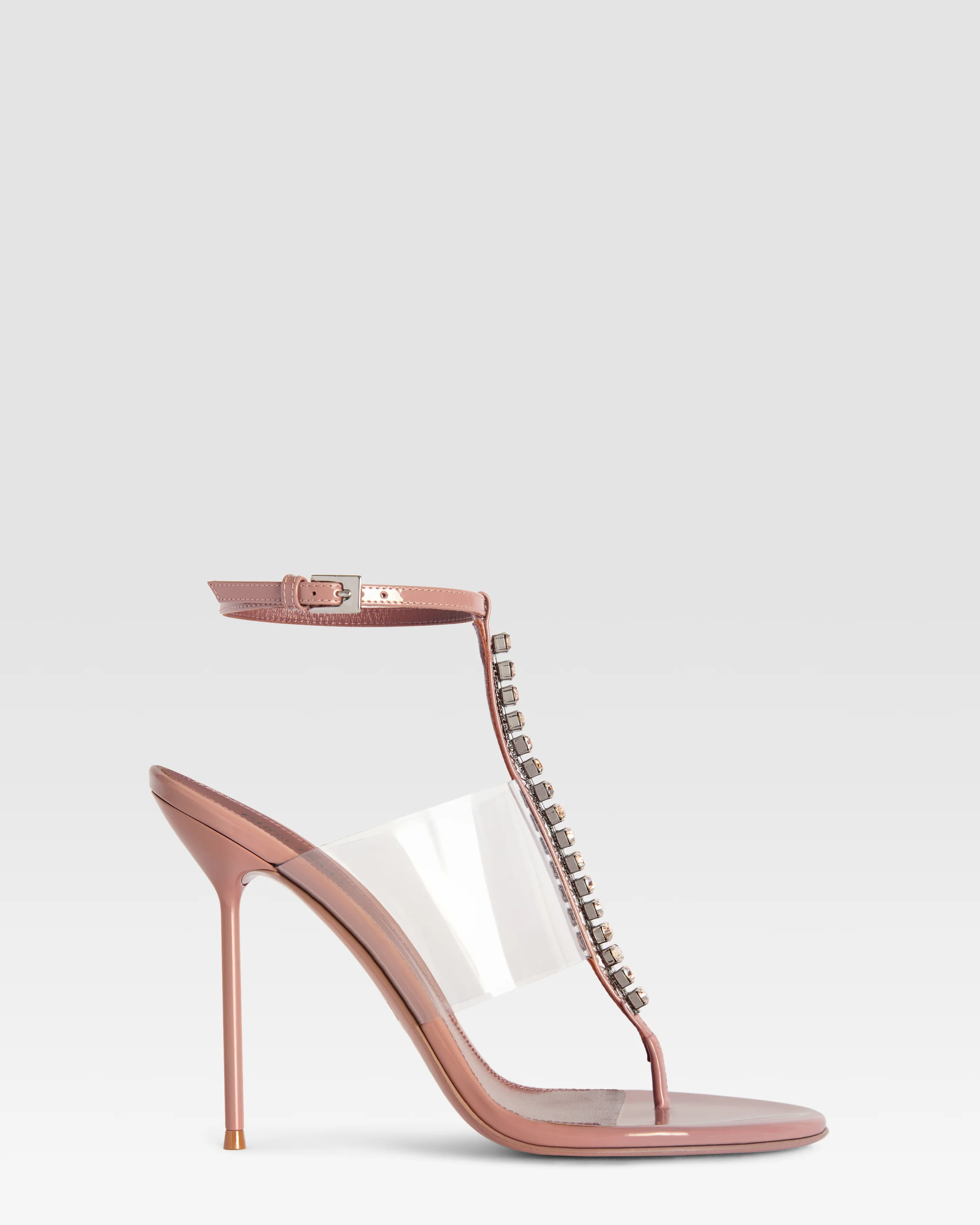 Patent leather and PVC T-strap sandal with embroidered studs